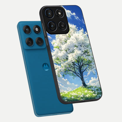  Blossom Sky Serenity phone case For Moto Edge 60 showing premium glass back cover with detailed artwork
