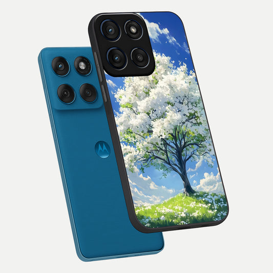  Blossom Sky Serenity phone case For Moto Edge 60 showing premium glass back cover with detailed artwork