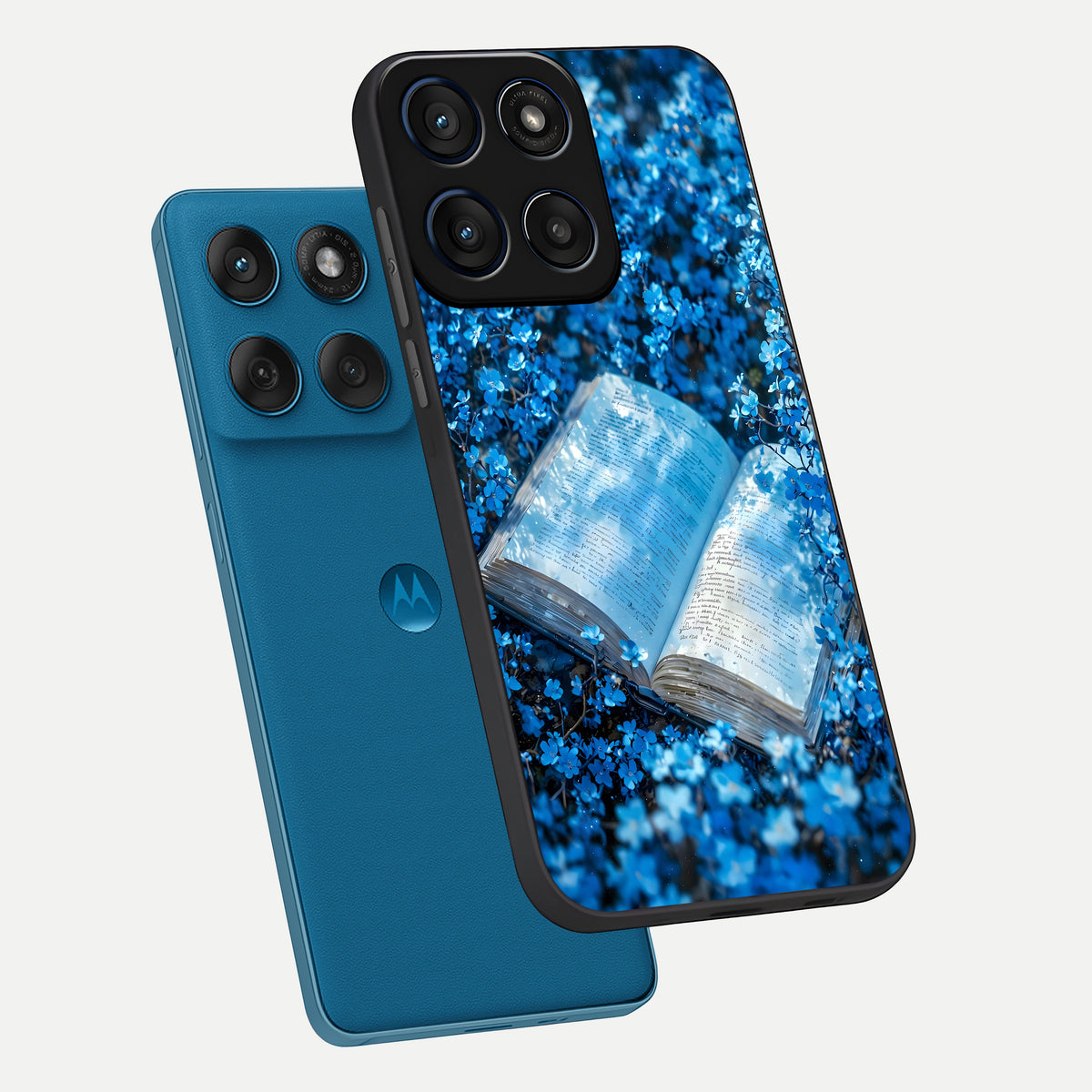  Blue Bloom Tales phone case For Moto Edge 60 showing premium glass back cover with detailed artwork