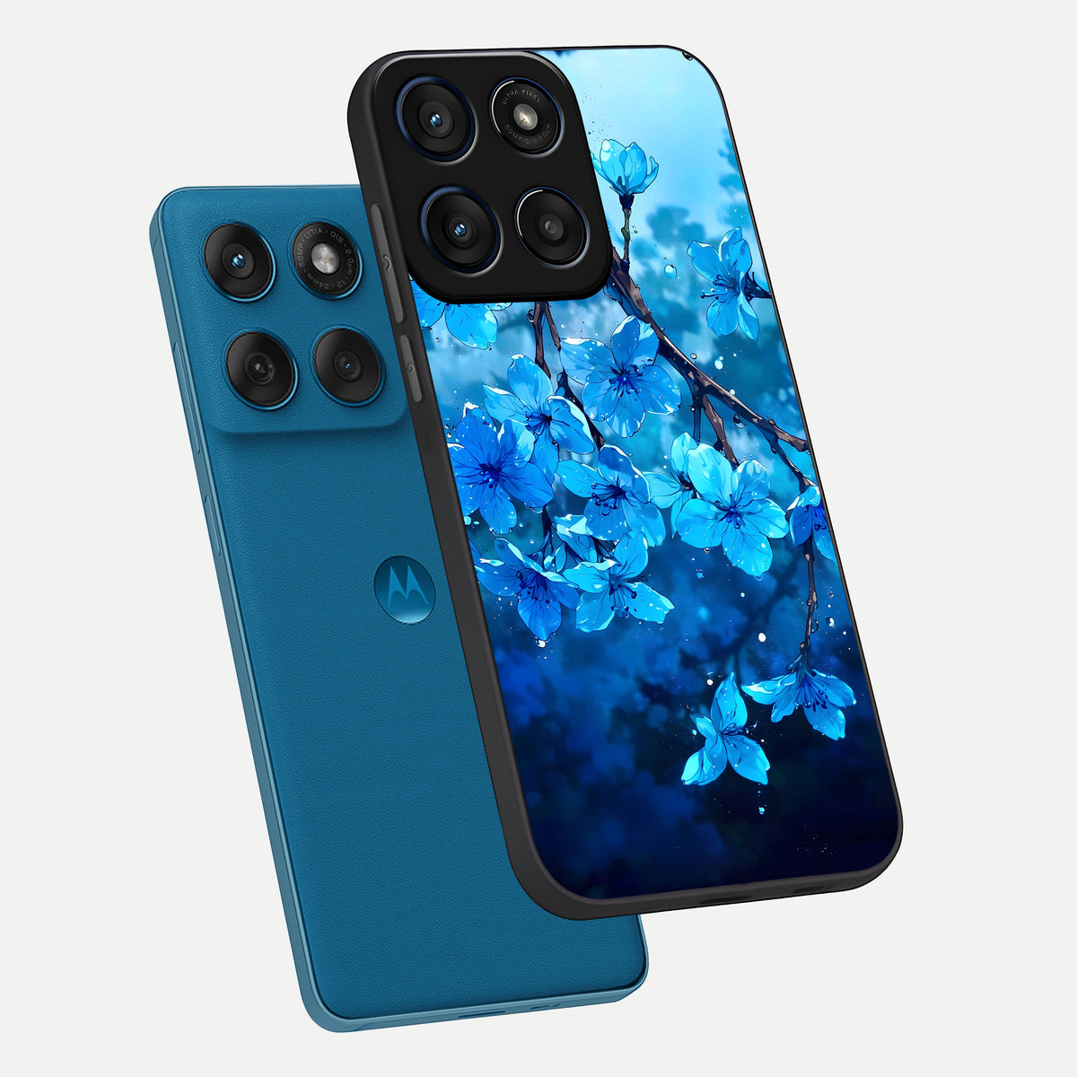  Blue Blossoms Branch phone case For Moto Edge 60 showing premium glass back cover with detailed artwork