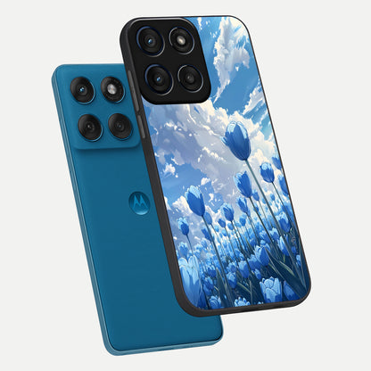  Blue Tulip Clouds phone case For Moto Edge 60 showing premium glass back cover with detailed artwork