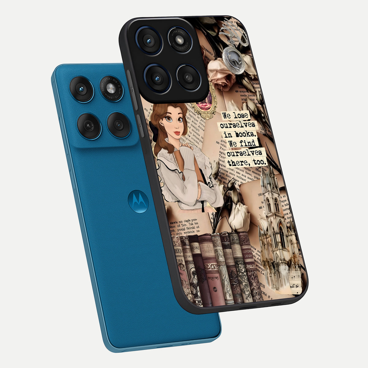  Bookish Dream World phone case For Moto Edge 60 showing premium glass back cover with detailed artwork