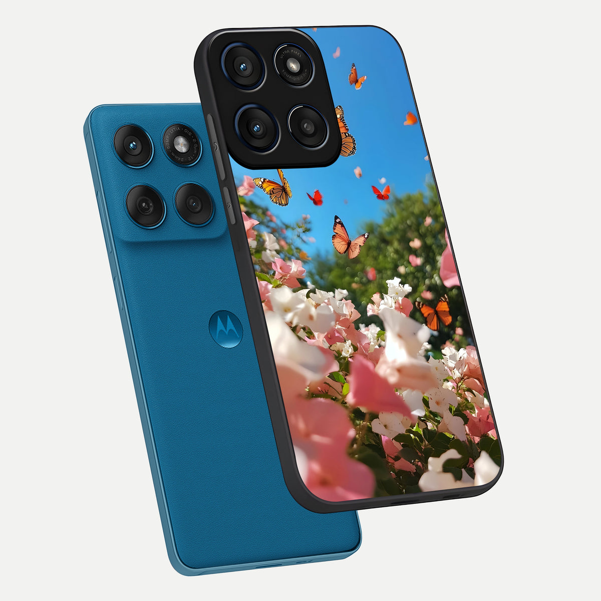  Butterflies In Bloom Sky phone case For Moto Edge 60 showing premium glass back cover with detailed artwork