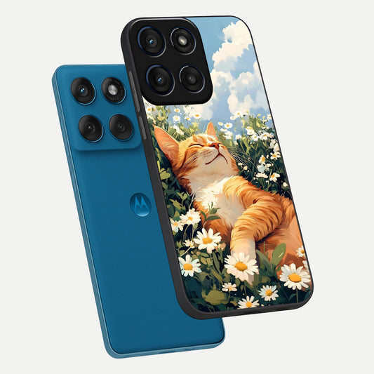  Cat And Flowers View phone case For Moto Edge 60 showing premium glass back cover with detailed artwork