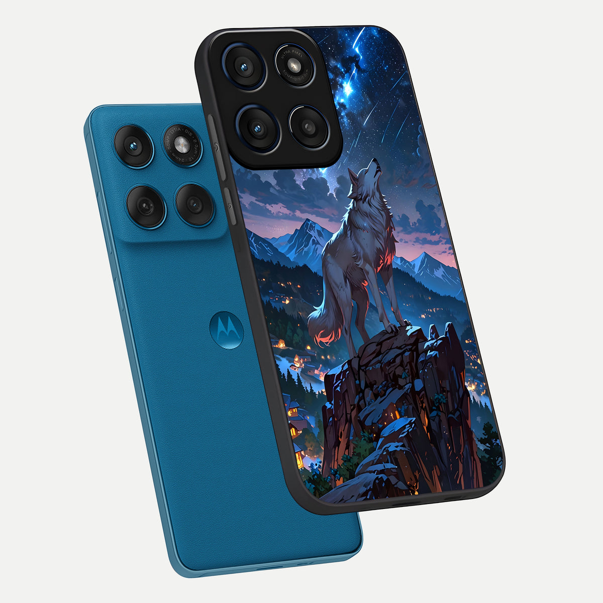  Celestial Wolf Howl phone case For Moto Edge 60 showing premium glass back cover with detailed artwork