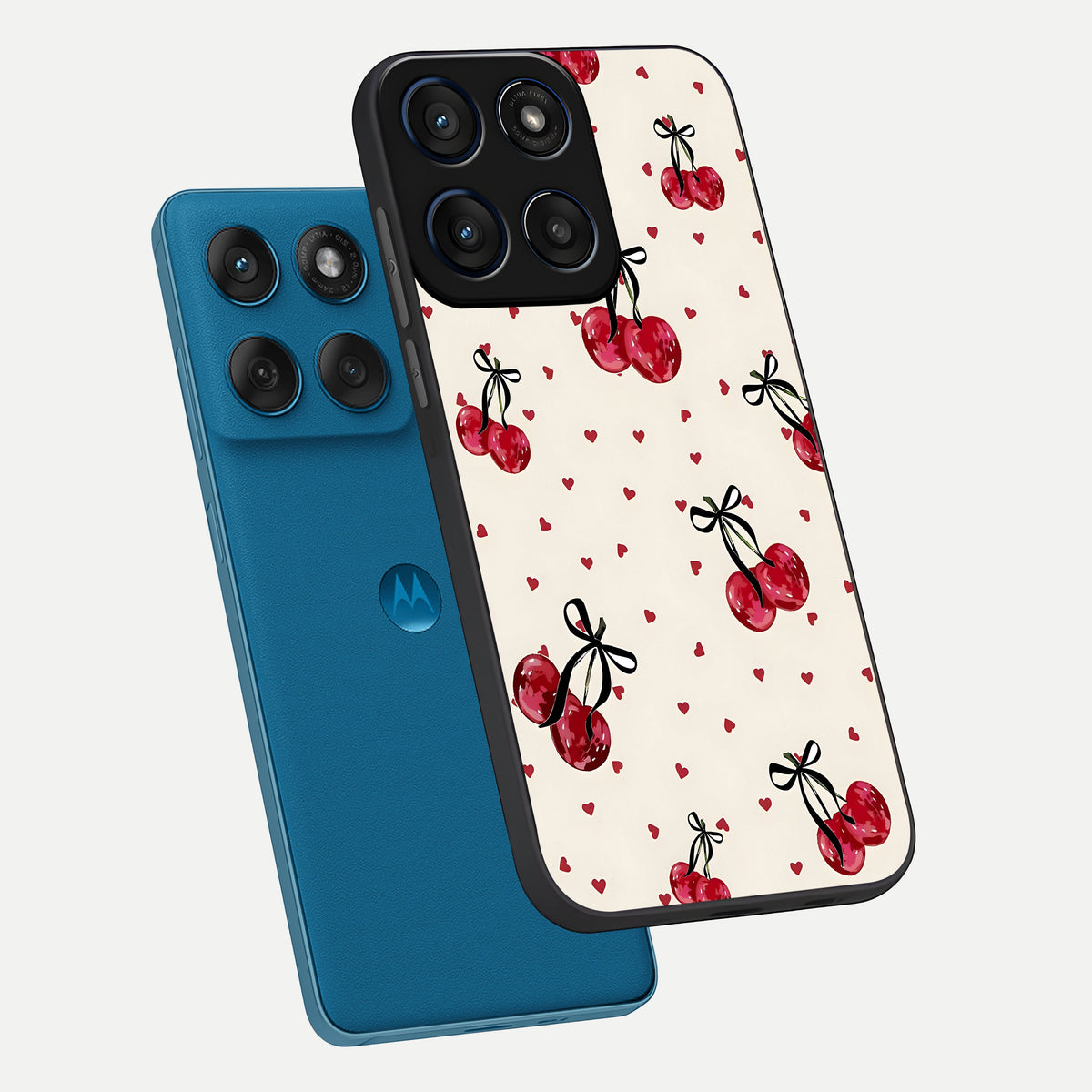  Cherry Heart Bow phone case For Moto Edge 60 showing premium glass back cover with detailed artwork
