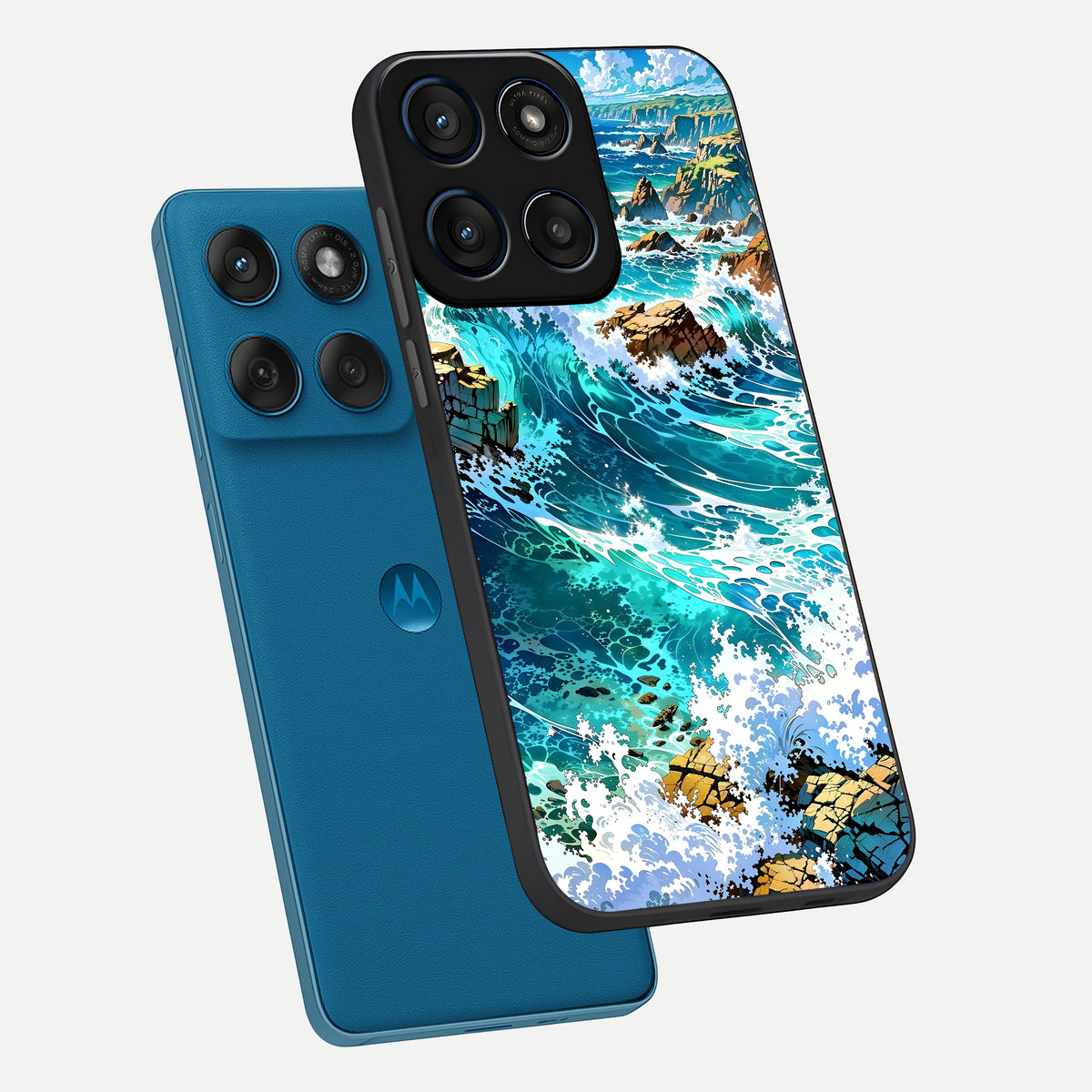  Coastal Blue Waves phone case For Moto Edge 60 showing premium glass back cover with detailed artwork