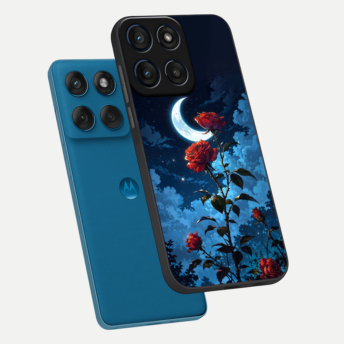  Crimson Rose Moon phone case For Moto Edge 60 showing premium glass back cover with detailed artwork