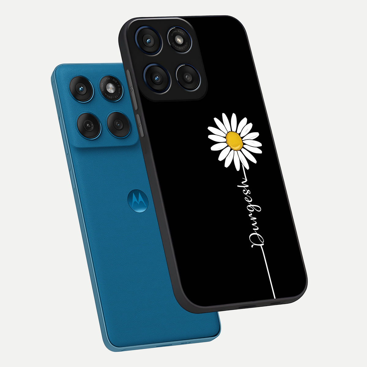  Custom Name White Flower phone case For Moto Edge 60 showing premium glass back cover with detailed artwork