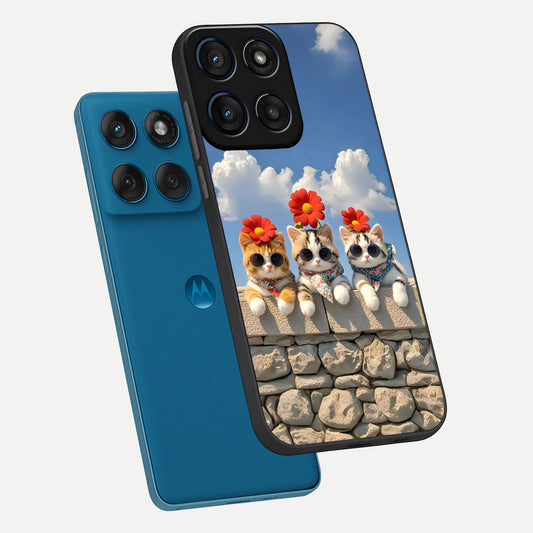  Floral Kitty Squad phone case For Moto Edge 60 showing premium glass back cover with detailed artwork