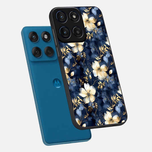  Golden Midnight Bloom phone case For Moto Edge 60 showing premium glass back cover with detailed artwork