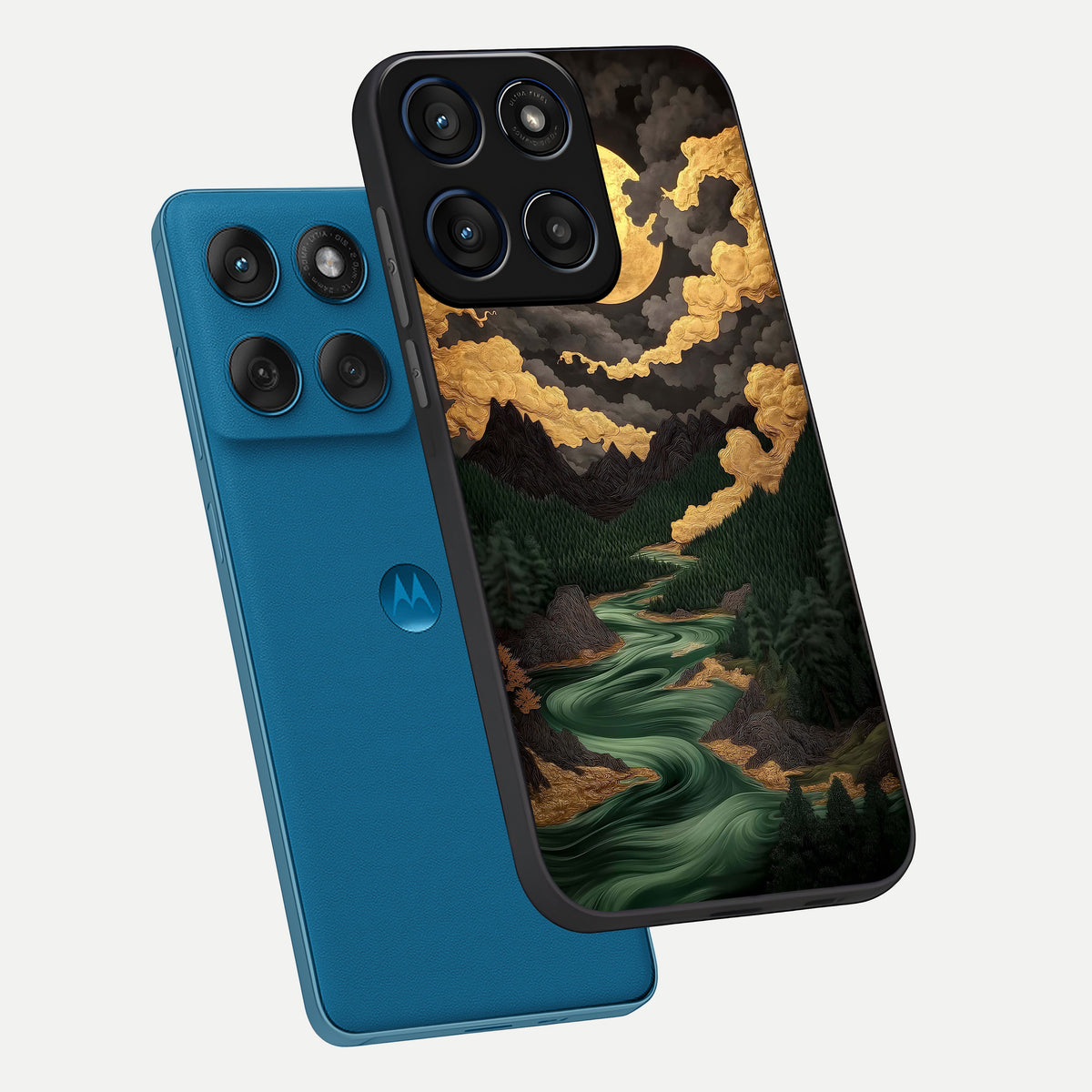  Golden River Moon phone case For Moto Edge 60 showing premium glass back cover with detailed artwork