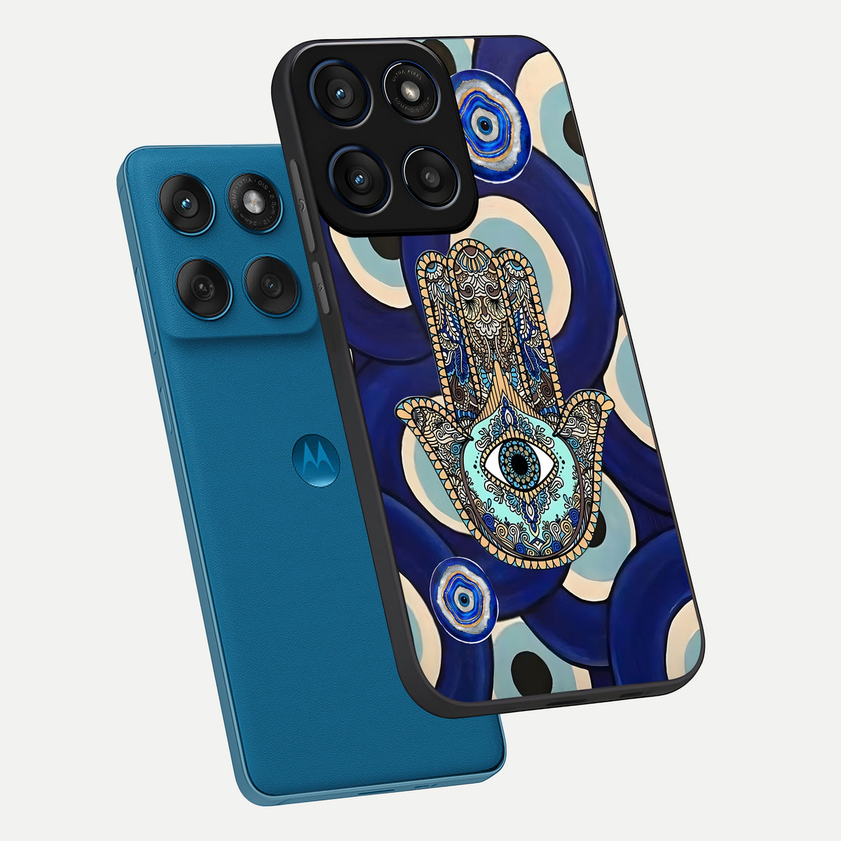  Hamsa Divine Guard phone case For Moto Edge 60 showing premium glass back cover with detailed artwork