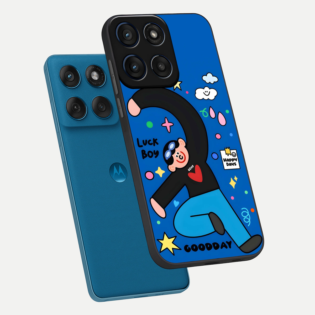  Happy Luck Vibe phone case For Moto Edge 60 showing premium glass back cover with detailed artwork