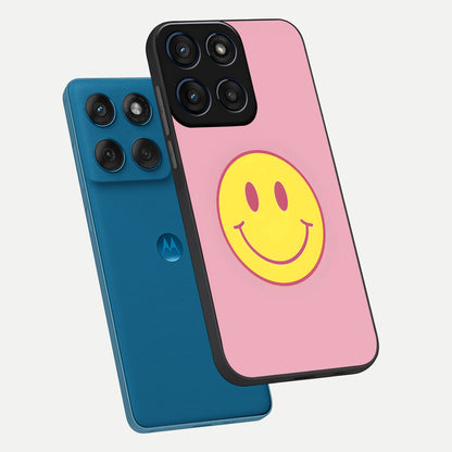  Happy Pink Mood phone case For Moto Edge 60 showing premium glass back cover with detailed artwork