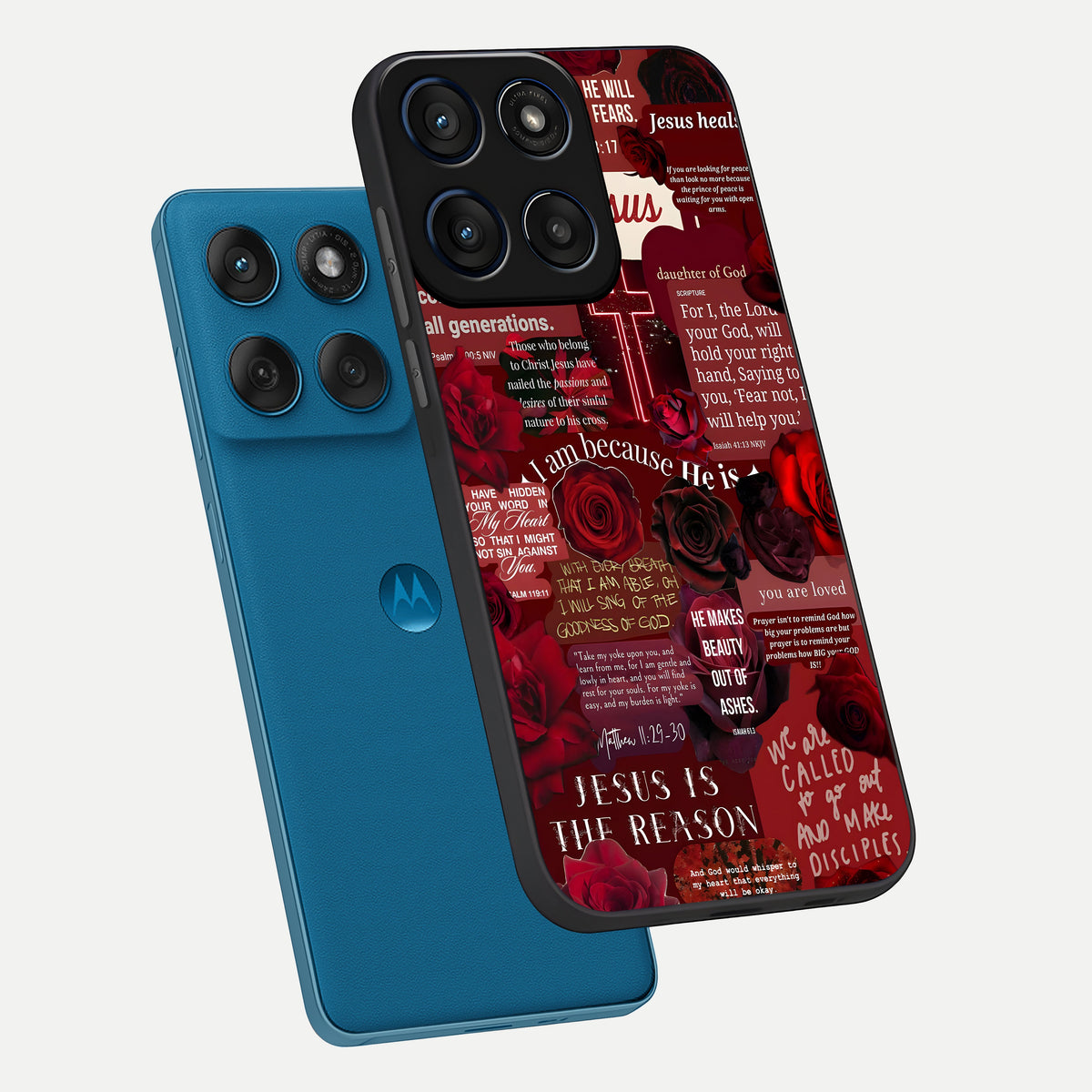  Jesus Love Heals phone case For Moto Edge 60 showing premium glass back cover with detailed artwork