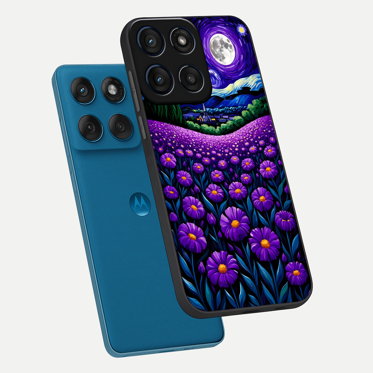  Lavender Moon Field phone case For Moto Edge 60 showing premium glass back cover with detailed artwork