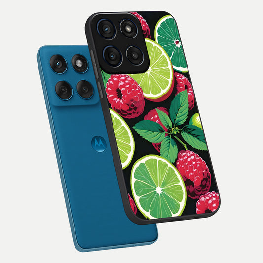  Lime and Raspberry Pattern phone case For Moto Edge 60 showing premium glass back cover with detailed artwork