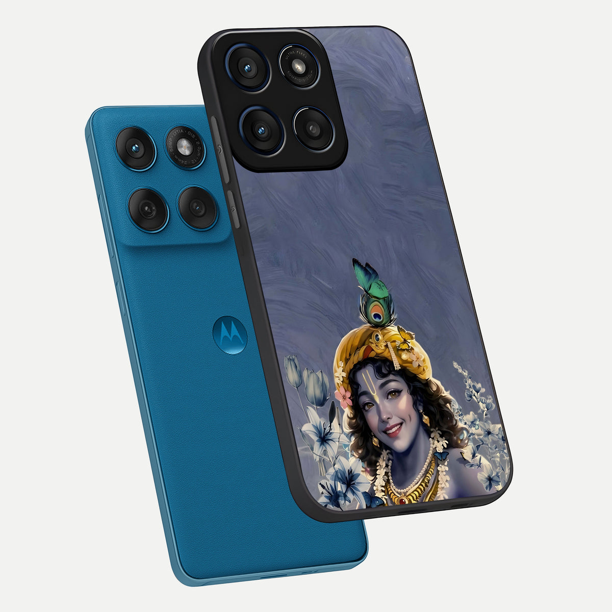  Lord Krishna phone case For Moto Edge 60 showing premium glass back cover with detailed artwork