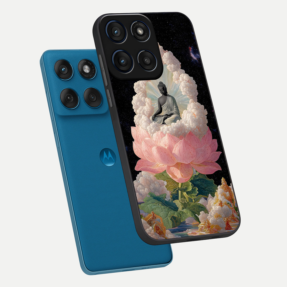  Lotus Divine Peace phone case For Moto Edge 60 showing premium glass back cover with detailed artwork