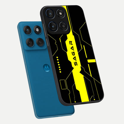  Neon CYBERPUNK Custom Name phone case For Moto Edge 60 showing premium glass back cover with detailed artwork