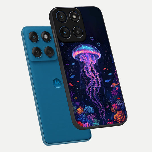  Neon Jellyfish phone case For Moto Edge 60 showing premium glass back cover with detailed artwork