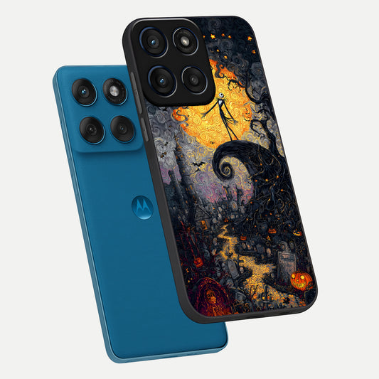  Pumpkin Moon Night phone case For Moto Edge 60 showing premium glass back cover with detailed artwork