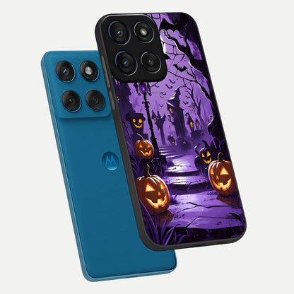  Pumpkin Patch Halloween phone case For Moto Edge 60 showing premium glass back cover with detailed artwork