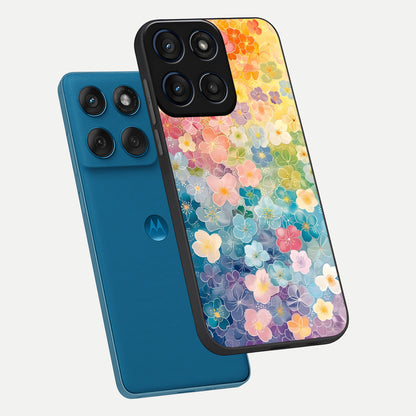  Rainbow Blossom Burst phone case For Moto Edge 60 showing premium glass back cover with detailed artwork