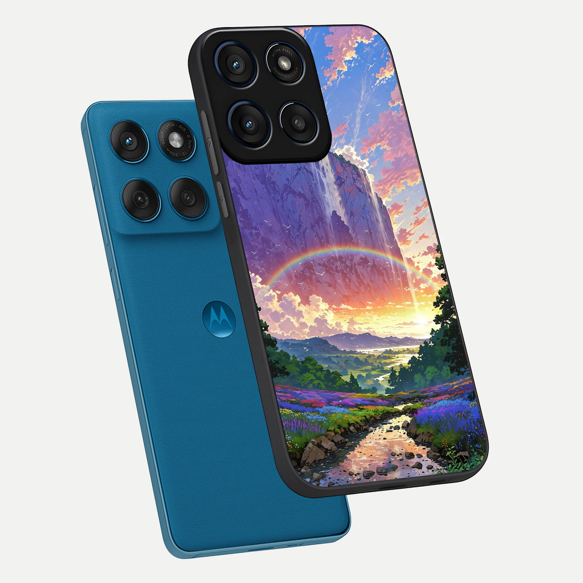  Rainbow Valley Dream phone case For Moto Edge 60 showing premium glass back cover with detailed artwork