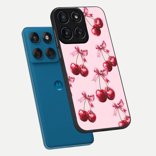  Red Cherries Pattern phone case For Moto Edge 60 showing premium glass back cover with detailed artwork