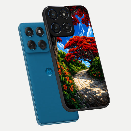  Red Trees Pathway phone case For Moto Edge 60 showing premium glass back cover with detailed artwork