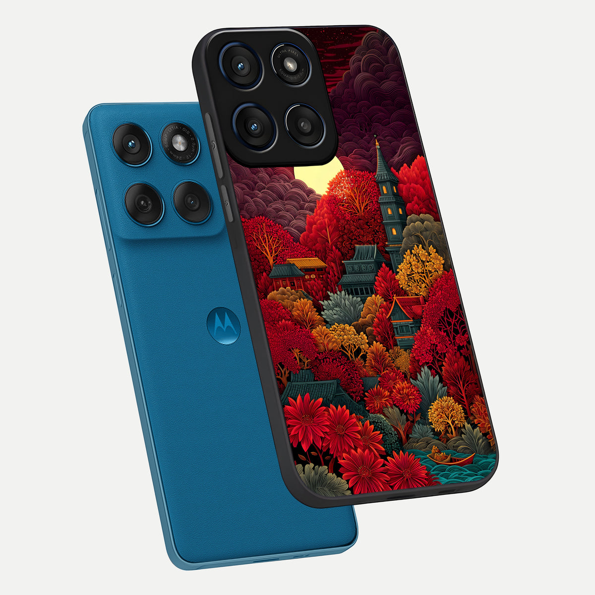  Scarlet Autumn Temple phone case For Moto Edge 60 showing premium glass back cover with detailed artwork