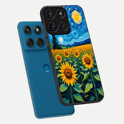  Starry Sunflower Dreams phone case For Moto Edge 60 showing premium glass back cover with detailed artwork