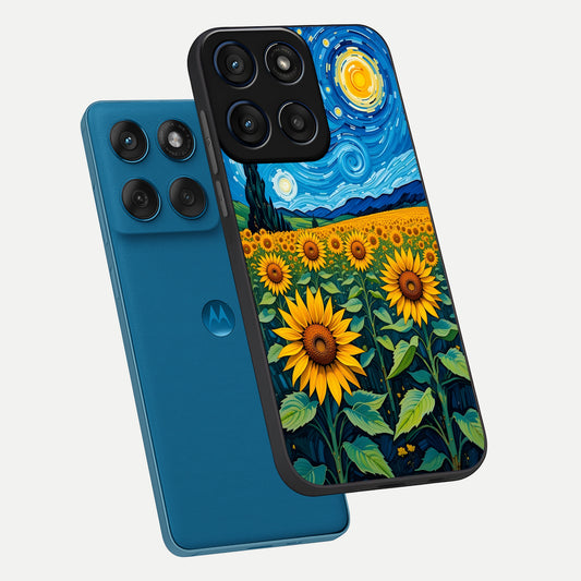  Starry Sunflower Dreams phone case For Moto Edge 60 showing premium glass back cover with detailed artwork