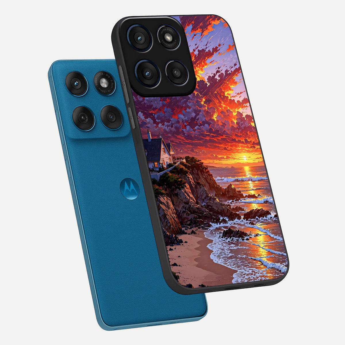  Sunset House By Sea phone case For Moto Edge 60 showing premium glass back cover with detailed artwork