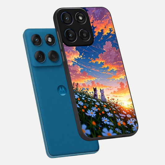  Two Cats Friends phone case For Moto Edge 60 showing premium glass back cover with detailed artwork