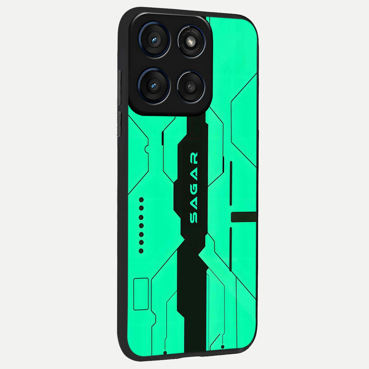  Aqua Tech CYBERPUNK Custom Name back cover For Moto Edge 60 slim fit glass case with vibrant aesthetic design