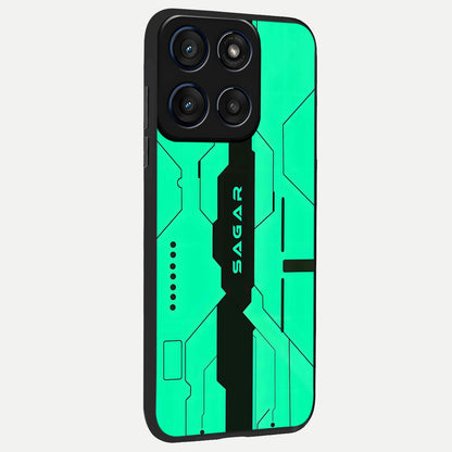  Aqua Tech CYBERPUNK Custom Name back cover For Moto Edge 60 slim fit glass case with vibrant aesthetic design