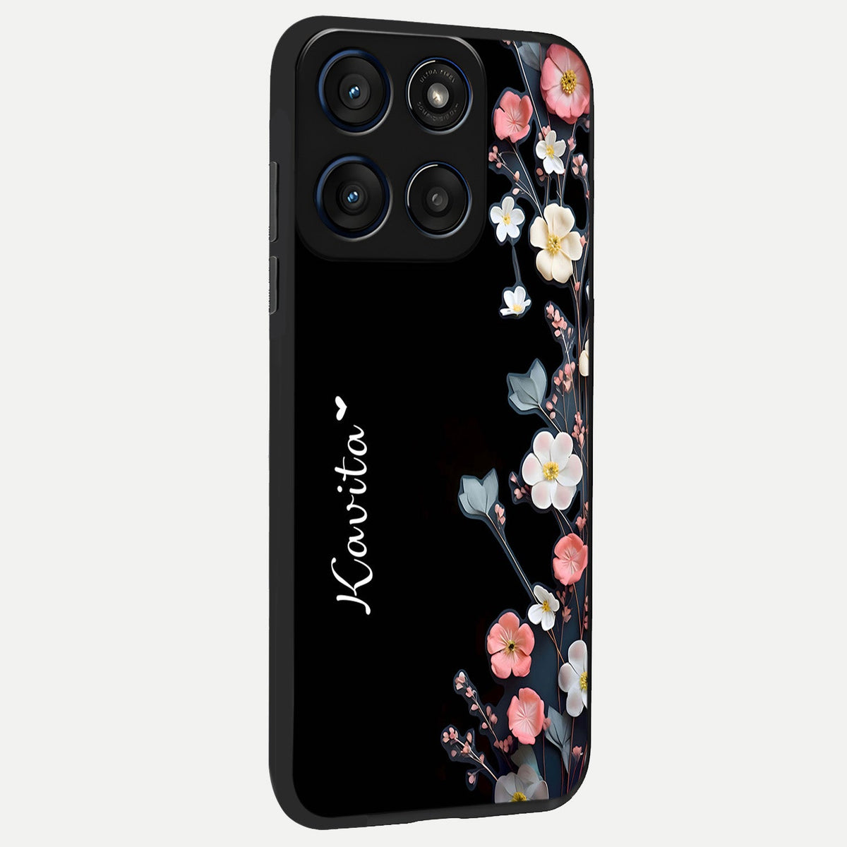  Black Elegance Floral Custom Name back cover For Moto Edge 60 slim fit glass case with vibrant aesthetic design