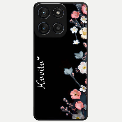  Black Elegance Floral Custom Name Glass Case For Moto Edge 60 Fusion back cover – full design glossy printed glass finish