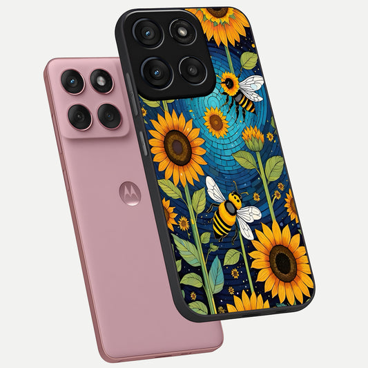  Bees And Sunflowers phone case For Moto Edge 60 Fusion showing premium glass back cover with detailed artwork