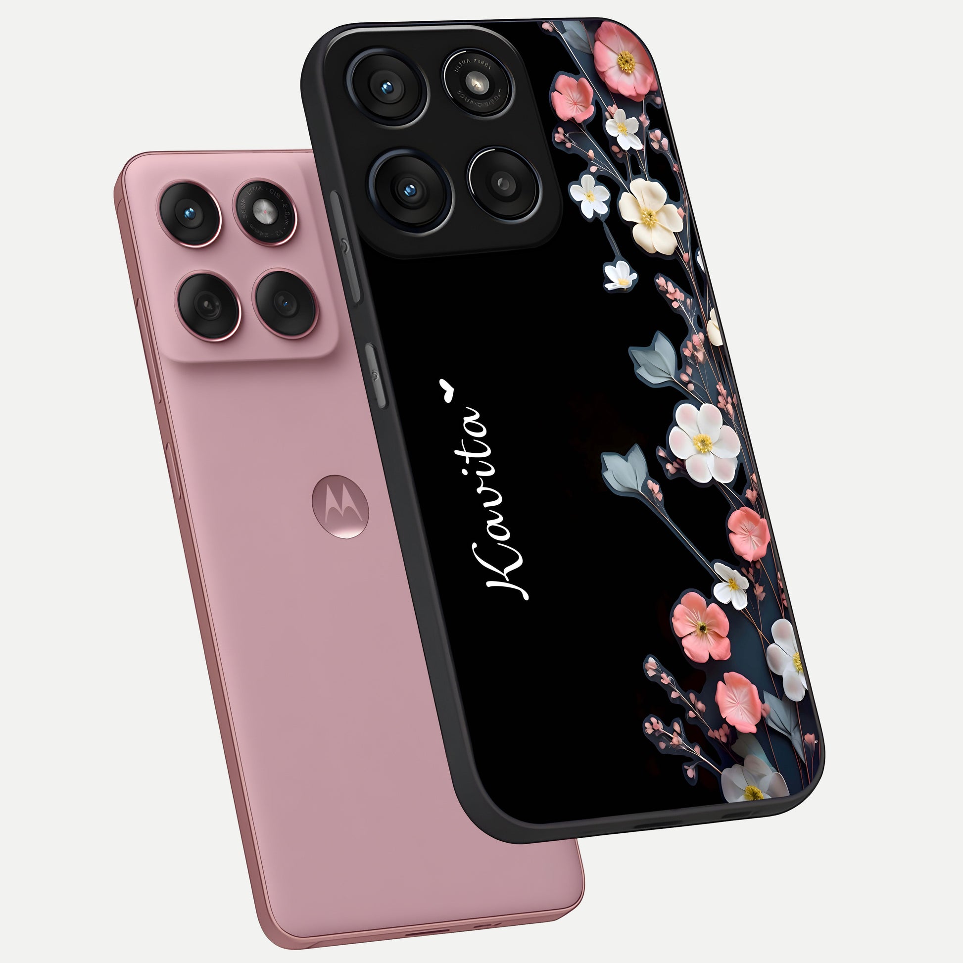  Black Elegance Floral Custom Name phone case For Moto Edge 60 Fusion showing premium glass back cover with detailed artwork