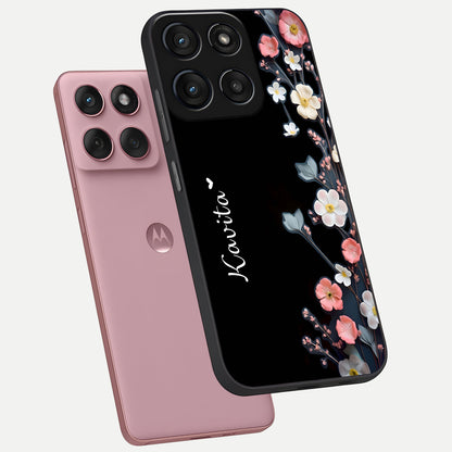  Black Elegance Floral Custom Name phone case For Moto Edge 60 Fusion showing premium glass back cover with detailed artwork