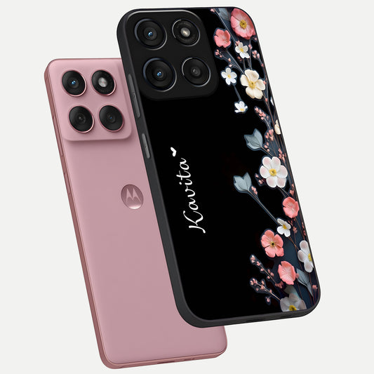  Black Elegance Floral Custom Name phone case For Moto Edge 60 Fusion showing premium glass back cover with detailed artwork