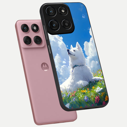  Blissful Cloud Pup phone case For Moto Edge 60 Fusion showing premium glass back cover with detailed artwork