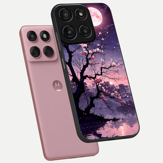  Blossom Pink Moon phone case For Moto Edge 60 Fusion showing premium glass back cover with detailed artwork