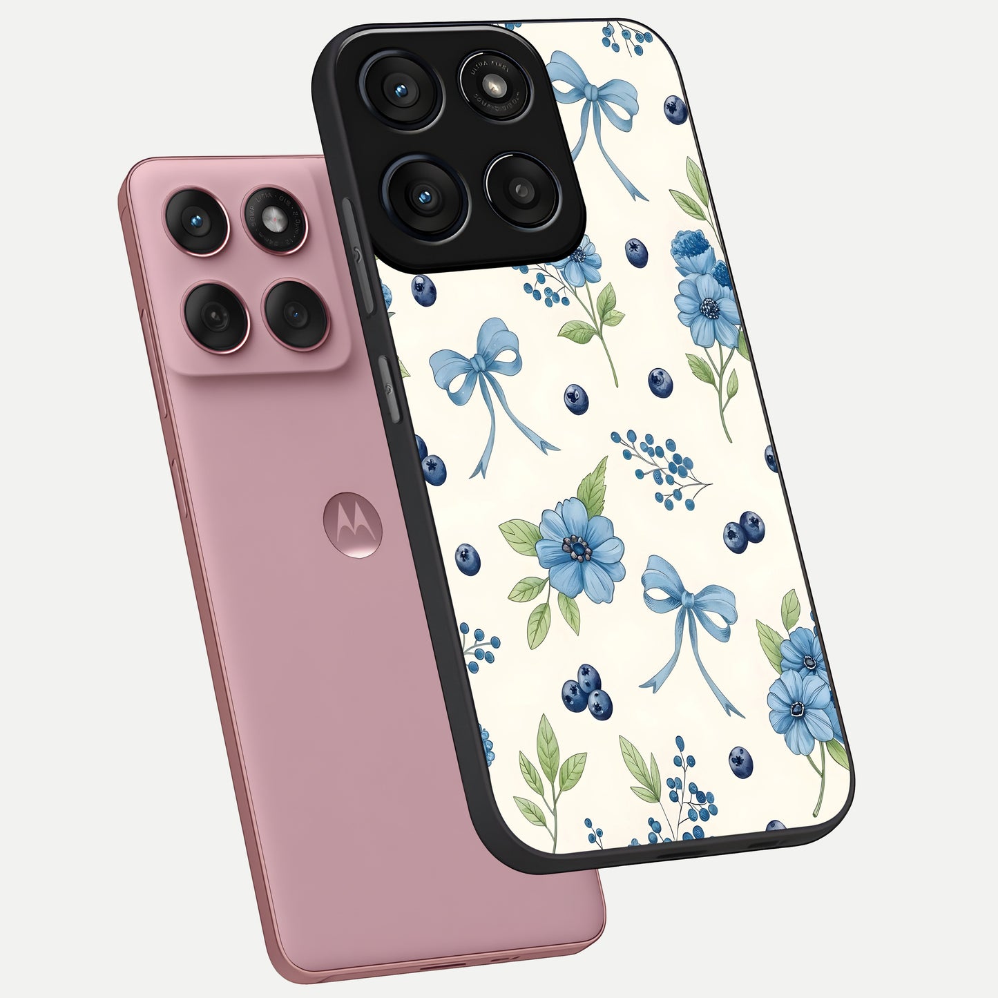  Blue Flower And Bow phone case For Moto Edge 60 Fusion showing premium glass back cover with detailed artwork