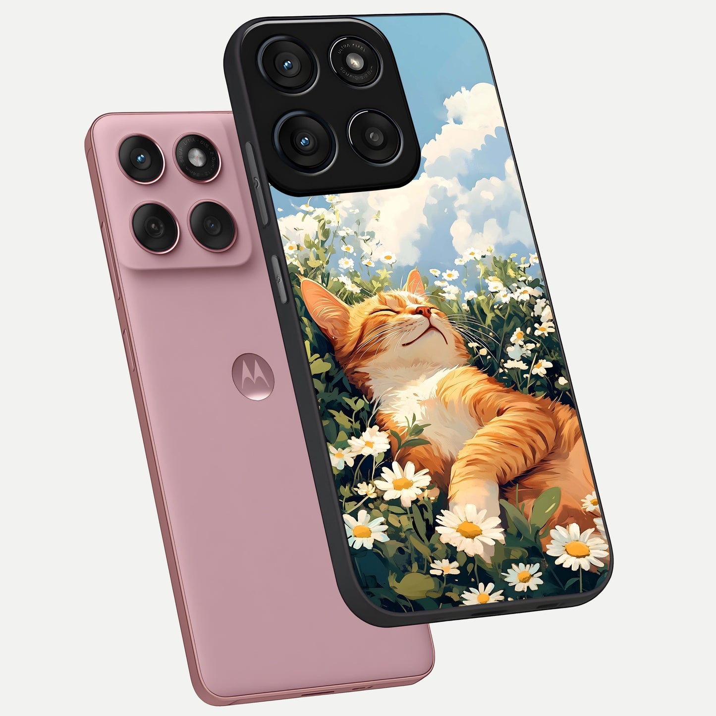  Cat And Flowers View phone case For Moto Edge 60 Fusion showing premium glass back cover with detailed artwork