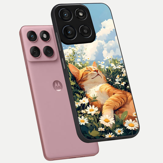  Cat And Flowers View phone case For Moto Edge 60 Fusion showing premium glass back cover with detailed artwork